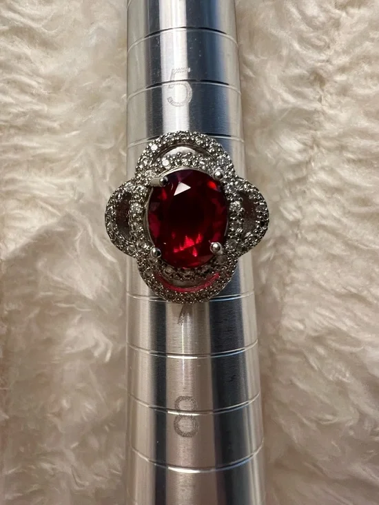 Silver Floral Halo Ring with Red Oval Gem - Picture 4 of 6